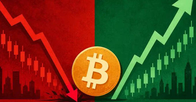 A graphic showing a Bitcoin coin in the center, with a red downward-trending arrow and red candlestick chart on the left side, and a green upward-trending arrow with green candlesticks on the right.
