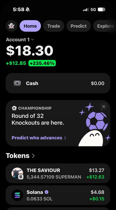 This screenshot shows an account with $18.30, including a token called "THE SAVIOUR" at $13.27 and Solana at $4.68, highlighting a recent gain of +235.46%. This relates to the post's narrative of a rug pull on the "$ANSEM" token, implying the user is now trying to recover losses from a fraudulent token.