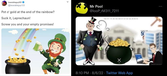 Two side-by-side tweets feature cartoon illustrations playing on the leprechaun/pot-of-gold theme: the left by @bearableguy123 shows a leprechaun with a rainbow raining gold coins into a pot with text mocking "Pot o' gold at the end of the rainbow" and "empty promises," while the right by @Mr Pool (@ooP_rM311_7211) depicts a Monopoly-style banker with money bags and a pot of gold against a Wall Street backdrop. Both images use the gold/rainbow/pot-of-gold imagery to allegorically represent XRP (Rainbow Currency) and the unfulfilled promise of crypto wealth.