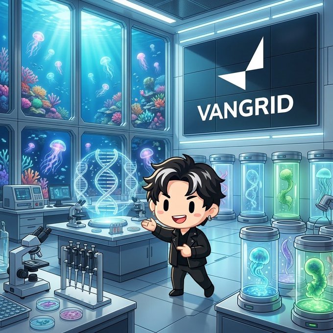 A cheerful cartoon character in a black jacket stands in a futuristic marine biology lab filled with jellyfish tanks, DNA helix displays, and scientific equipment, while a large screen prominently displays the "VANGRID" logo above. The image illustrates the company's connection to Physical AI infrastructure, showing bioluminescent sea creatures and holographic DNA strands that metaphorically represent the biotech and computational systems referenced in the post about CEO Robert Brighton and CTO Khalid Benrafik.