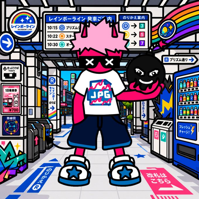 Colorful cartoon illustration of a pink character with cat ears wearing sunglasses and a JPG t-shirt, holding a black octopus-like creature in a vibrant Tokyo subway station setting with Rainbow Line signs, vending machines, and ticket gates.