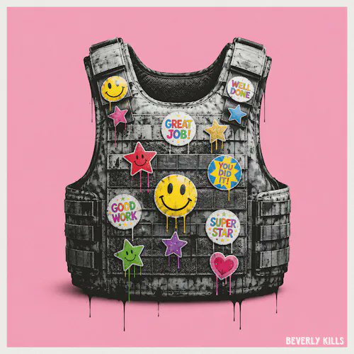 Artwork titled 'BEVERLY KILLS' in the corner shows a gray tactical vest covered in colorful smiling face and star patches with messages like 'GREAT JOB!', 'GOOD WORK', and 'SUPER STAR' on a pink background.