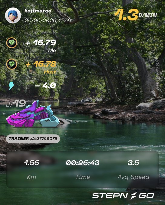 The image shows a fitness tracking app with a green screen displaying information about a person's workout progress, including their speed and time spent exercising. The background of the image features a river surrounded by trees, creating an outdoor setting for the user's workout session.
