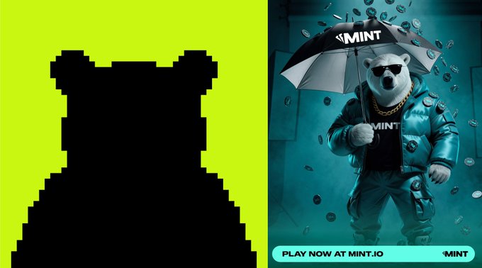 The image is a side-by-side promotional graphic featuring a pixelated black silhouette of a bear wearing sunglasses and a gold chain on a bright yellow-green background on the left, paired with a detailed 3D-rendered version of the same character—a bear in sunglasses, a gold chain, and a teal jacket holding an umbrella labeled "MINT"—on the right, surrounded by floating coins. The right panel includes the text "PLAY NOW AT MINT.IO" and "MINT" branding, illustrating the "MintABear" campaign by @PlayOnMint as an official MINT NFT project that breaks from typical whitelist-only drops.
