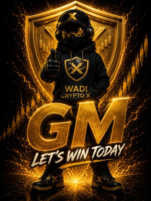 A masked figure in black and gold gear stands triumphantly before a glowing "X" shield, giving a thumbs-up above the bold text "WADI CRYPTO X" and "GM - LET'S WIN TODAY," with rising chart candlesticks and fiery golden sparks reinforcing the post's motivational crypto trading message of patience and readiness to seize new opportunities.
