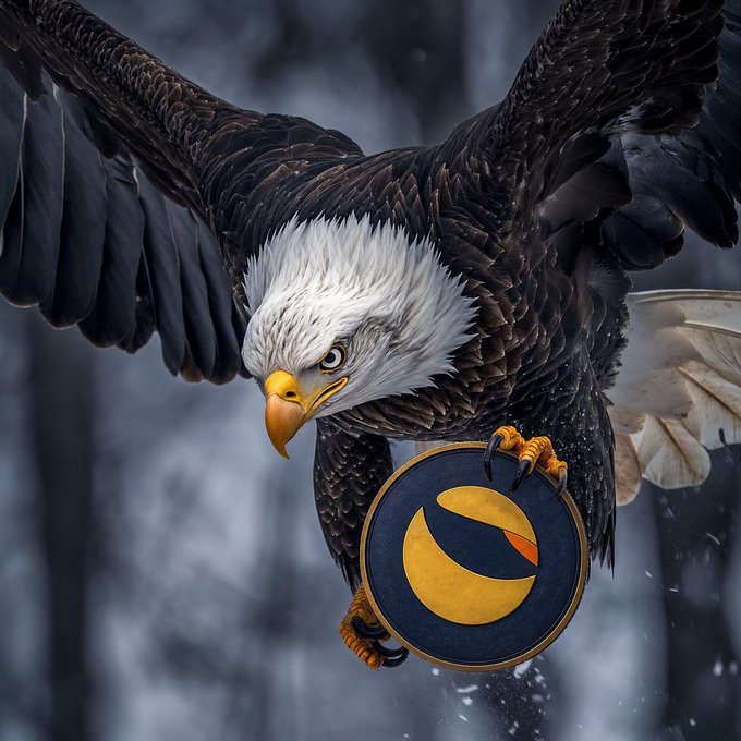 A bald eagle in mid-flight holds a circular emblem featuring a yellow crescent-like design against a blurred, moody background.
