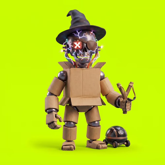 A 3D-rendered robot made of cardboard boxes wears a cracked, glowing skull head with a witch hat and an "X" eye patch, standing on a green background next to a small black ball-shaped companion, symbolizing the user's transition away from the Node Monkes (Bitcoin/green chain) identity.