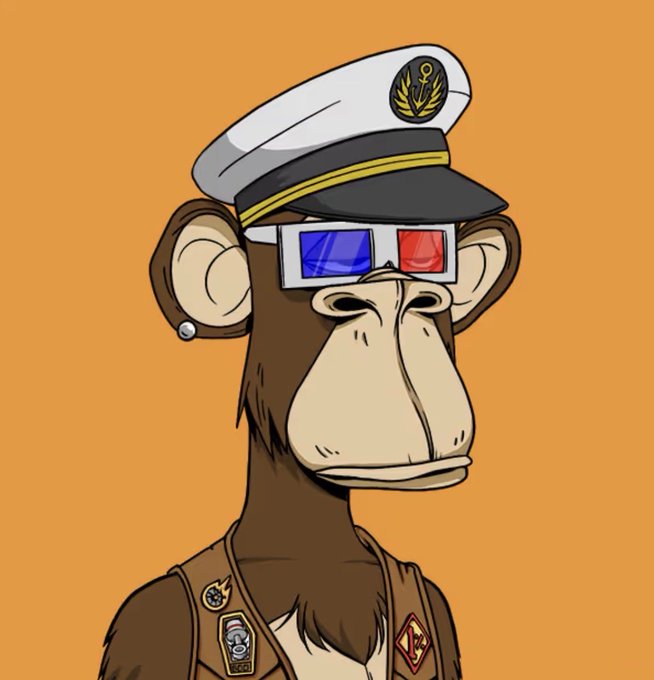 An NFT-style illustration of a brown monkey wearing a white sailor cap with an anchor emblem and red-and-blue 3D glasses, against an orange background.
