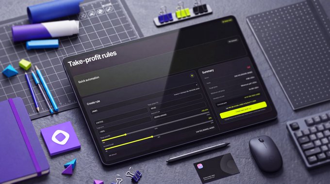 A tablet displaying a 'Take-profit rules' trading interface with options for quick automation, create rule, and summary settings, surrounded by office supplies on a dark desk.
