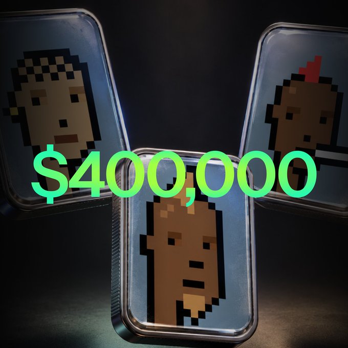 Three CryptoPunks are displayed in protective cases with the text "$400,000" overlaid in green, representing the significant liquidity that has been added to the PUNK market on NFTX.
