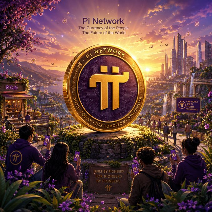 A large golden Pi Network coin stands on a pedestal in a vibrant fantasy landscape at sunset, with people in purple "π" hoodies using their phones, and text reading "Pi Network - The Currency of the People, The Future of the World."