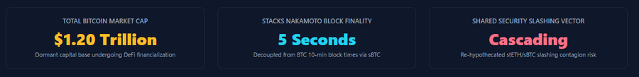 An infographic highlighting Bitcoin's financialization with three metrics: a $1.20 Trillion total Bitcoin market cap serving as dormant capital underpinging DeFi, 5-second Stacks Nakamoto block finality via sBTC, and a "Cascading" shared security slashing vector risk. The image visually reinforces the post's theme of unlocking dormant BTC capital for DeFi use while flagging potential interoperability risks between Bitcoin layers.