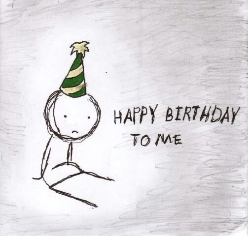 A hand-drawn sketch of a sad, stick-figure-like character wearing a green and white striped party hat sits beside the text "HAPPY BIRTHDAY TO ME," capturing a lonely, melancholic birthday mood that pairs with the celebratory post wishing Jenny a happy birthday.