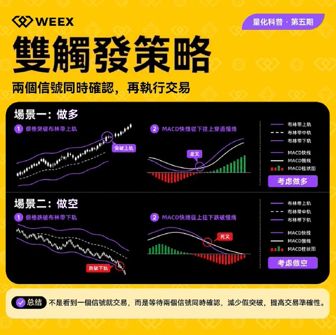 A WEEX cryptocurrency trading educational infographic in Chinese explaining a 'dual-rail strategy' combining Bollinger Bands and MACD indicators for both long and short positions.