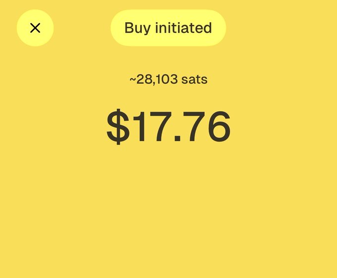 A yellow mobile app screen shows "Buy initiated" at the top with a large "$17.76" displayed below "~28,103 sats," aligning with the post referencing 1776 and @fold_app—a Bitcoin purchasing app.