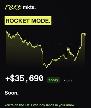 The image is a promotional graphic for "$REKT mkts" featuring a yellow line chart in "ROCKET MODE," showing a gain of "+$35,690 today," with text at the bottom inviting viewers to sign up for a discount code via email.