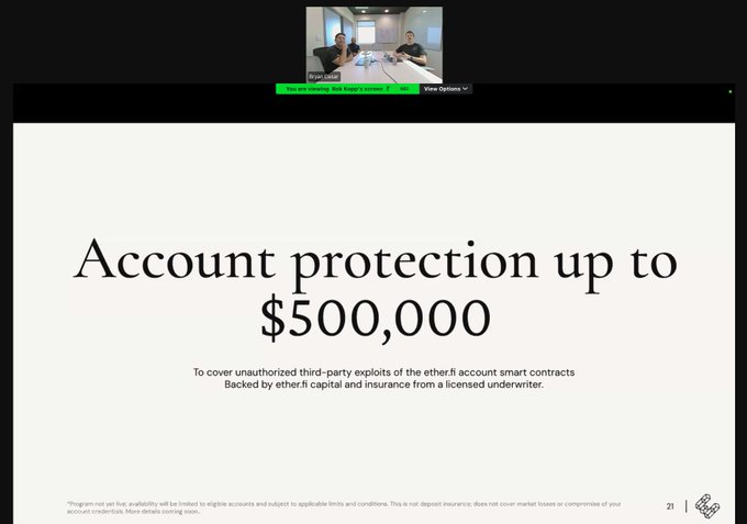 A presentation slide titled 'Account protection up to $500,000' for ether.fi account smart contracts, with a video call visible at the top.