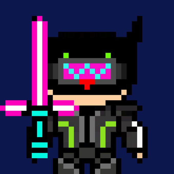 A pixel art character wearing a futuristic helmet with a glowing pink visor, holding a pink and white weapon, set against a dark blue background.