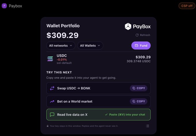 The image shows a dark-themed PayBox wallet portfolio interface displaying a balance of $309.29 in USDC (309.3748 USDC), with quick-action prompts to swap USDC for BONK, bet on a World market, or read live data on X—exemplifying the PayBox tool's design for managing crypto assets and agent interactions.