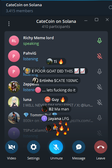 A screenshot of a Telegram voice chat titled "CateCoin on Solana" shows 410 active participants alongside a group of 3,415 members, visually confirming the high engagement mentioned in the post about the $CATE token's community call.