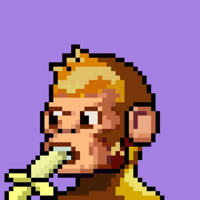 A pixel art monkey with orange and yellow tones gazes thoughtfully against a purple background, perfectly capturing the "Ink Monkey" NFT collection's mascot featured in the OpenSea mint announcement.