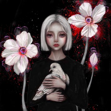 A digital artwork featuring a pale, stylized doll-like figure with white hair holding a white owl, surrounded by large white and red flowers against a dark background.