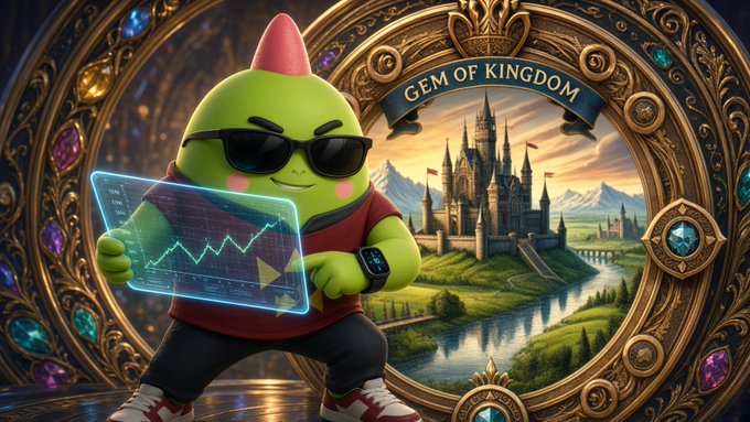 A 3D-rendered illustration of a green cartoon character wearing sunglasses and a red hoodie, holding a transparent tablet displaying a rising stock chart, set against a backdrop of a castle landscape within an ornate golden frame labeled 'GEM OF KINGDOM'.