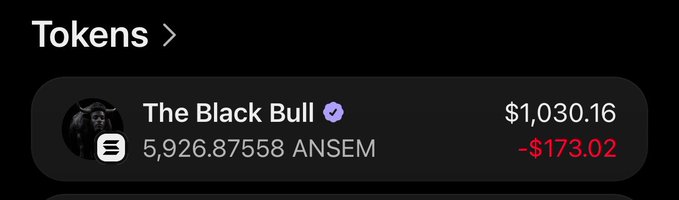 The image shows a trading interface displaying "The Black Bull" token, indicating holdings of 5,926.87558 ANSEM valued at $1,030.16, with a daily loss of -$173.02 highlighted in red. This relates to the post thanking $ANSEM for a free airdrop, likely showcasing the value received from the token distribution.

**Caption:** Despite a daily drop of $173.02, the free airdrop of 5,926.88 $ANSEM tokens from The Black Bull is still valued at over $1,030—proof that even volatile gifts from @Ansem can pay off.