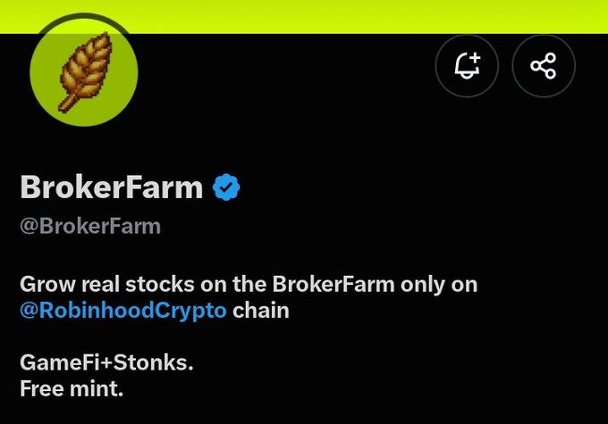 The image shows the Twitter/X profile page of @BrokerFarm (verified), featuring a wheat logo on a black background, with their bio stating "Grow real stocks on the BrokerFarm only on @RobinhoodCrypto chain" and "GameFi+Stonks. Free mint." This aligns with the post highlighting BrokerFarm's upcoming 1333 free mint NFT collection and its unique position as a GameFi project built on Robinhood Chain using tokenized stocks.