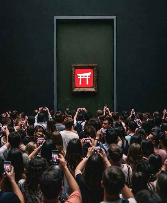 An artistic image showing a crowd of people taking photos with their phones of a framed red logo (resembling the Terra/LUNA symbol) hanging on a dark wall.