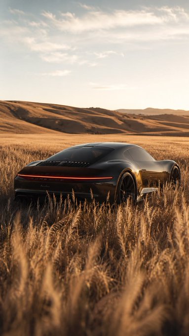 A sleek black sports car with a distinctive red taillight bar sits in tall grass against a backdrop of rolling sand dunes and a cloudy sky.