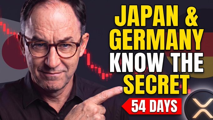A man with glasses points toward bold yellow and white text reading "JAPAN & GERMANY KNOW THE SECRET" alongside a red candlestick chart and an XRP logo, with a "54 DAYS" countdown banner below. The thumbnail visually reinforces the post's claim that XRP is "brutally oversold" by suggesting imminent repricing tied to developments in Japan and Germany.