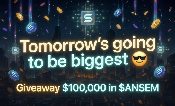 A promotional graphic with a dark cityscape and falling coins reads 'Tomorrow's going to be biggest 😎 Giveaway $100,000 in $ANSEM'.