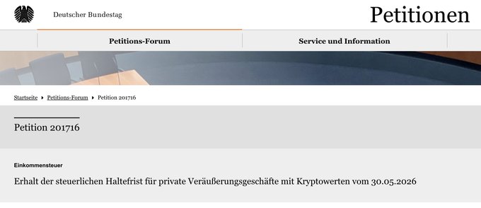 The image shows "Petition 201716" on the Bundestag website, related to preserving the tax holding period for cryptocurrencies. This visual directly supports the call to action to sign the Bundestag petition.