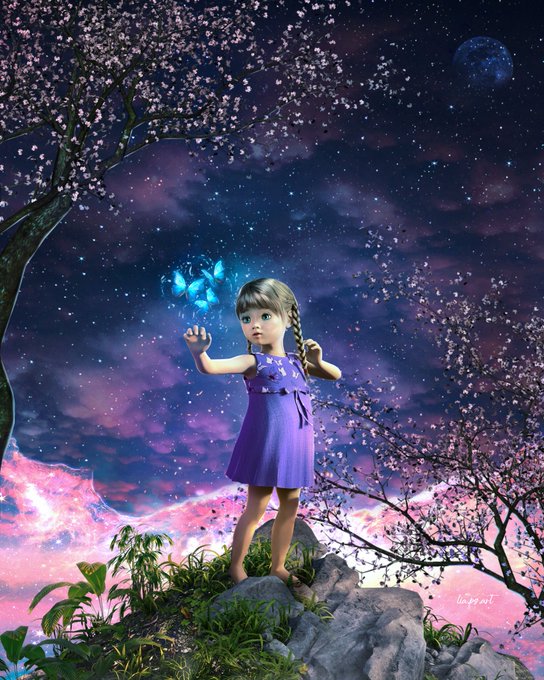 A young girl with braided hair wearing a purple dress stands barefoot on a rocky outcrop, reaching up toward glowing blue butterflies under a starry purple night sky with cherry blossoms.