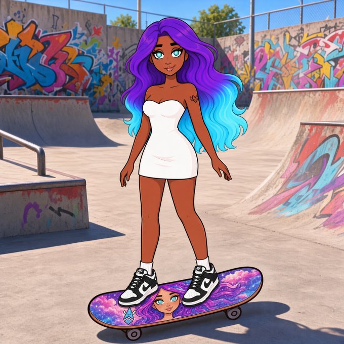 Digital illustration of a stylized girl with long purple and blue ombre hair wearing a white dress and sneakers, standing on a skateboard with a galaxy design at a graffiti-covered skate park.
