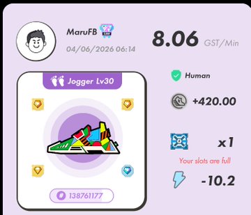 The image shows a screen displaying information from an app, specifically the user's progress towards completing a fitness goal or game using Jogger Lv30 shoes as the primary focus of the activity. The user's score is visible on the app, which indicates their achievements and performance in the game or exercise they are engaged in.