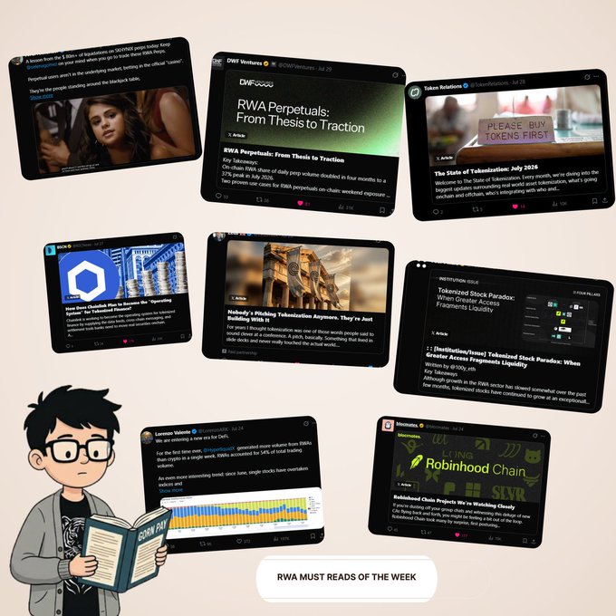 Collage of social media posts about tokenization and RWA titled 'RWA MUST READS OF THE WEEK' featuring tweets about Perpetuals, tokenization, and the 'Robinhood Chain'.