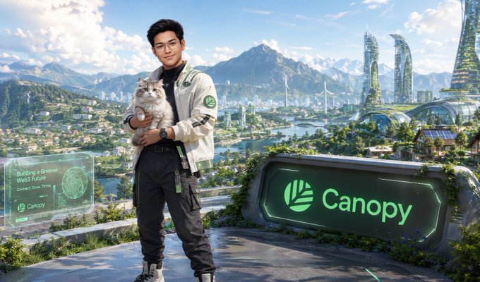 The image shows a young man holding a cat in a futuristic green cityscape, with the "Canopy" logo and text "Building a Greener Web3 Future" displayed alongside the handle @CNPYNetwork. This visually reinforces the post's message about Canopy's eco-friendly blockchain infrastructure, particularly highlighting the project's focus on sustainable validator economics through configurable subsidies for Nested Chains.