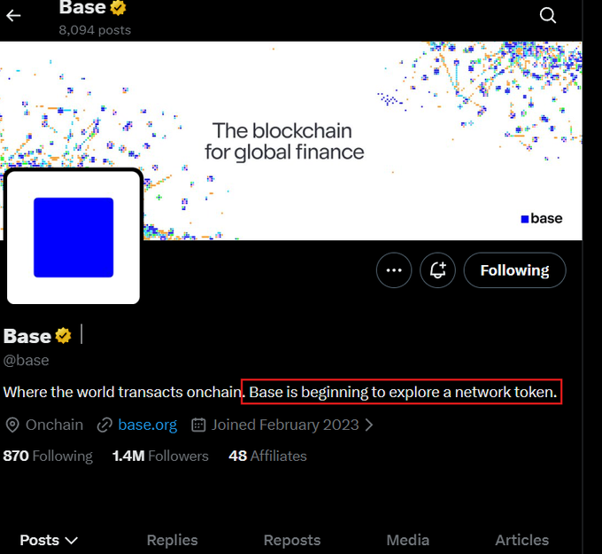 A Twitter/X profile page for Base (@base) showing their header 'The blockchain for global finance' and bio with a highlighted note that 'Base is beginning to explore a network token.', with 1.4M followers.