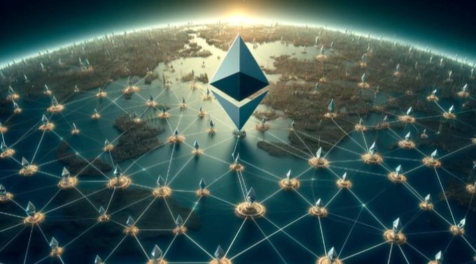 A large Ethereum logo towers over a globe interconnected by a glowing network of nodes, symbolizing the global institutional inflows into spot ETH ETFs and the renewed confidence of large investors in Ethereum's medium-term outlook.