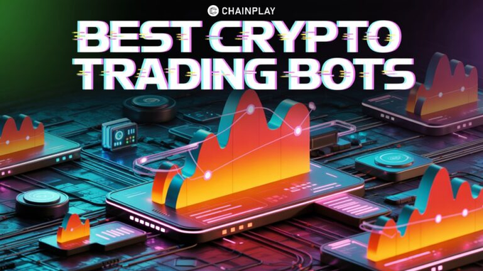 A promotional graphic from CHAINPLAY titled 'BEST CRYPTO TRADING BOTS' featuring stylized 3D smartphones displaying trading charts and graphs on circuit boards.