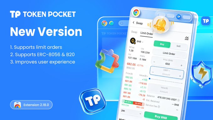 Promotional banner for 'TP TOKEN POCKET New Version' (Extension 2.18.0) highlighting three features: supports limit orders, supports ERC-8056 & B20, and improved user experience.
