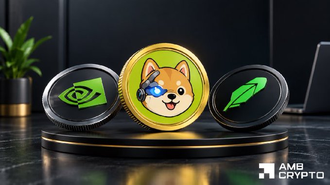 3D rendering of three coins on a dark marble surface, with the center gold coin displaying a Shiba Inu dog wearing VR goggles, flanked by a black NVIDIA coin and a black feather-like logo coin; the "AMB CRYPTO" logo is in the corner.