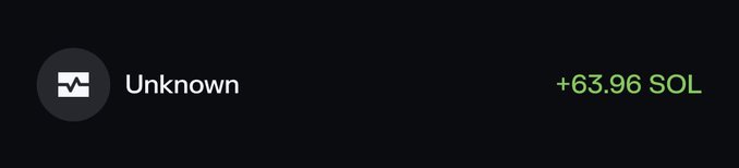 A dark interface panel displays an entry labeled "Unknown" alongside a positive value of "+63.96 SOL," suggesting a recent Solana gain that aligns with the post's reference to "solana szn."