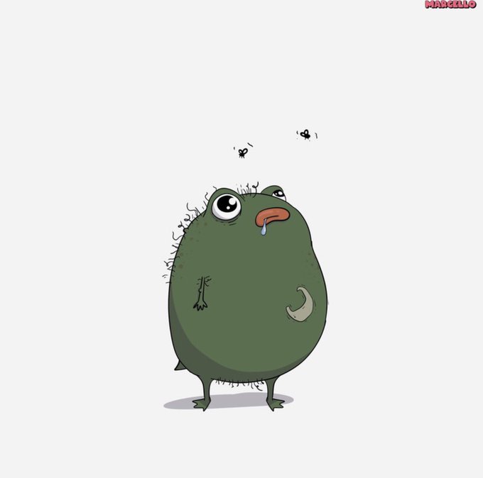 A green cartoon blob-like creature with droopy eyes, messy hair, and a slobbering tongue watches two small flies buzz overhead. The artist's signature "MARCELLO" appears in the top right corner, matching the post crediting @Marcello_695 as the artist behind this quirky character illustration accompanying the $Pistacio deployment.