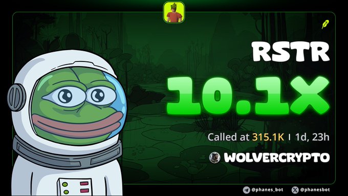 A promotional graphic featuring a Pepe-style frog astronaut character announcing 'RSTR 10.1x Called at 315.1K' by Wolvercrypto.