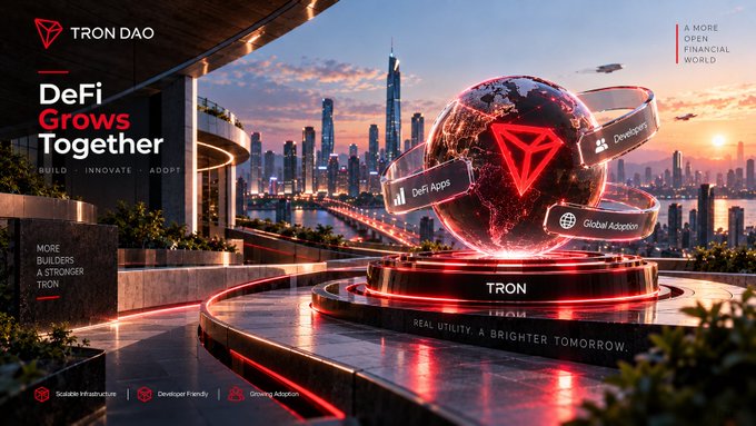 A promotional banner for TRON DAO with the text "DeFi Grows Together," "BUILD · INNOVATE · ADOPT," and "A MORE OPEN FINANCIAL WORLD," featuring a futuristic city skyline and a red glowing TRON globe with labels like "Developers" and "DeFi Apps."