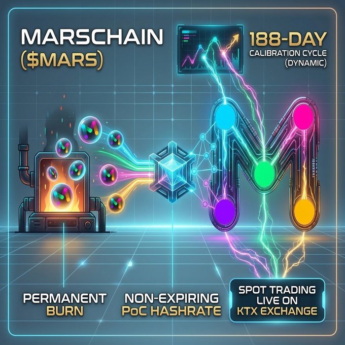 An infographic about 'MARSCHAIN ($MARS)' highlighting a '188-DAY CALIBRATION CYCLE', 'PERMANENT BURN', 'NON-EXPIRING PoC HASHRATE', and spot trading on KTX Exchange.