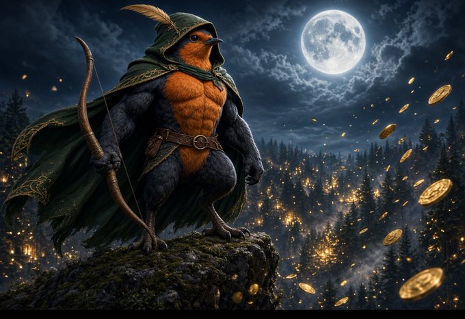 A fantasy illustration of a muscular, anthropomorphic robin-like bird warrior wearing a green hooded cloak and holding a bow, standing on a rocky outcrop under a full moon with gold coins floating through the air.
